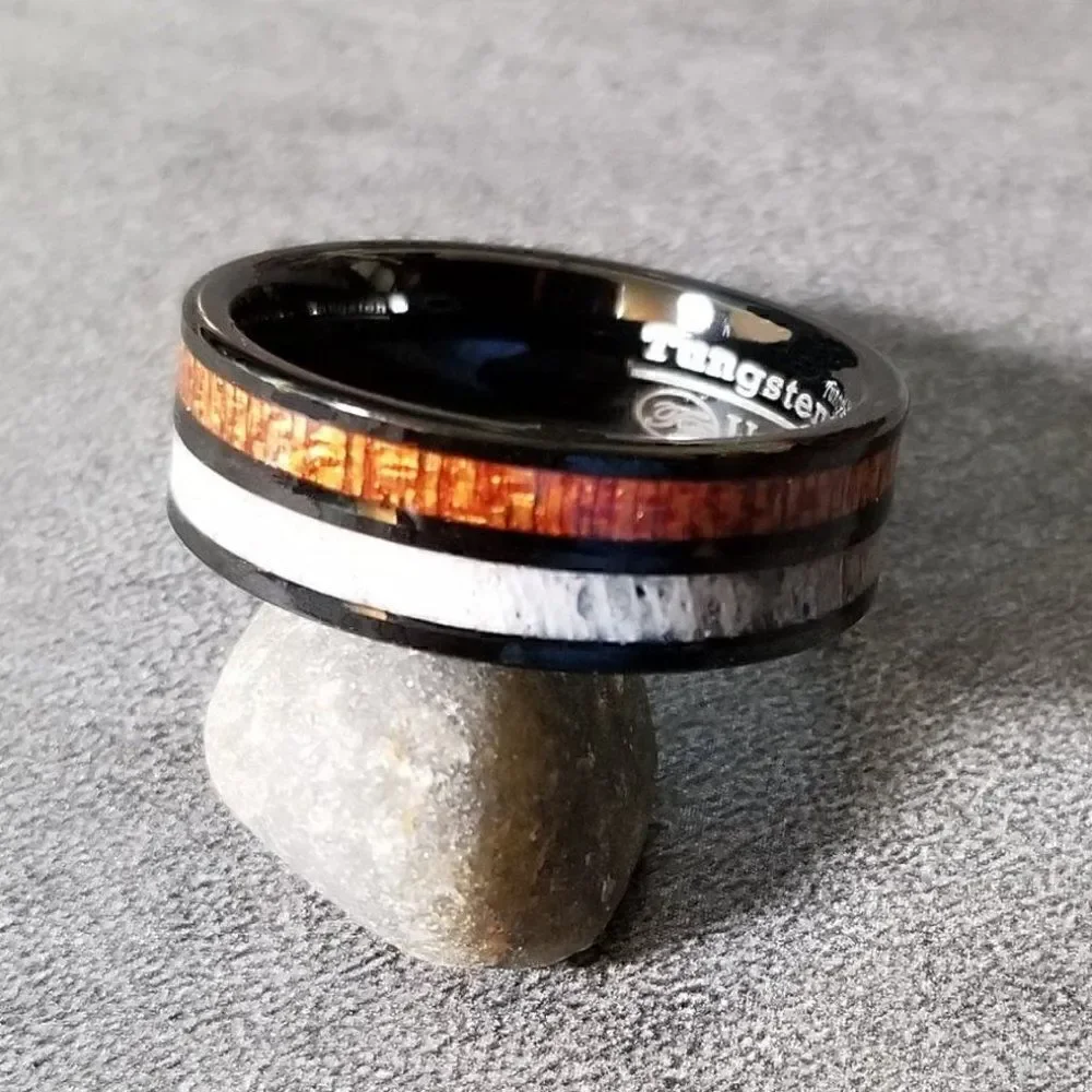 Personalized Men's Real Black Tungsten Wedding Ring - Deer bone and Koa Wood